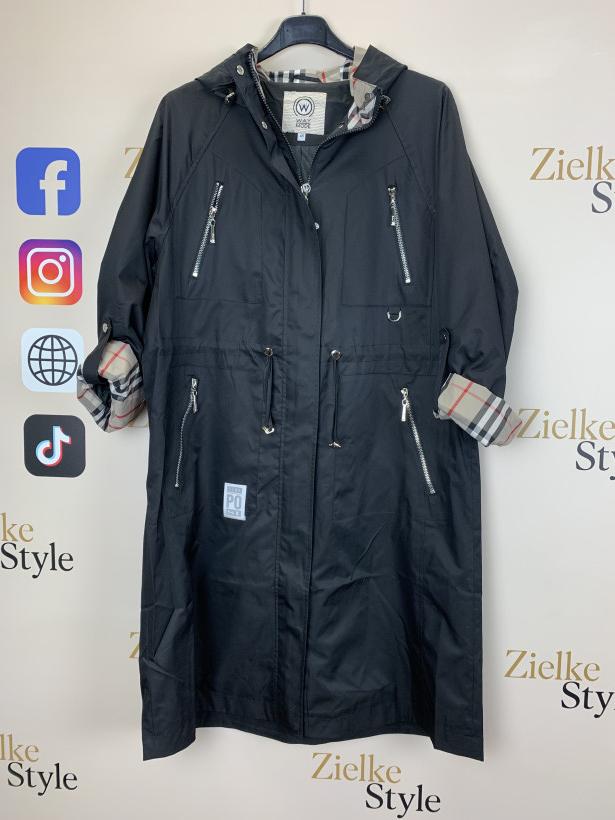 Płaszcz z kapturem wstawka kratka - 52 - 12 - czarna