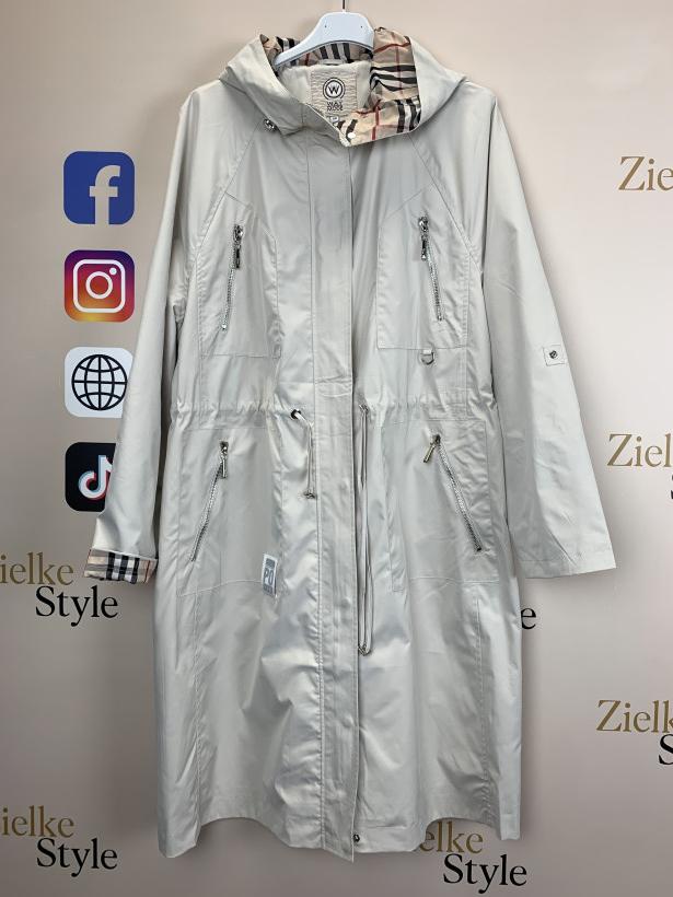 Płaszcz z kapturem wstawka kratka - 54 - 12 - beż