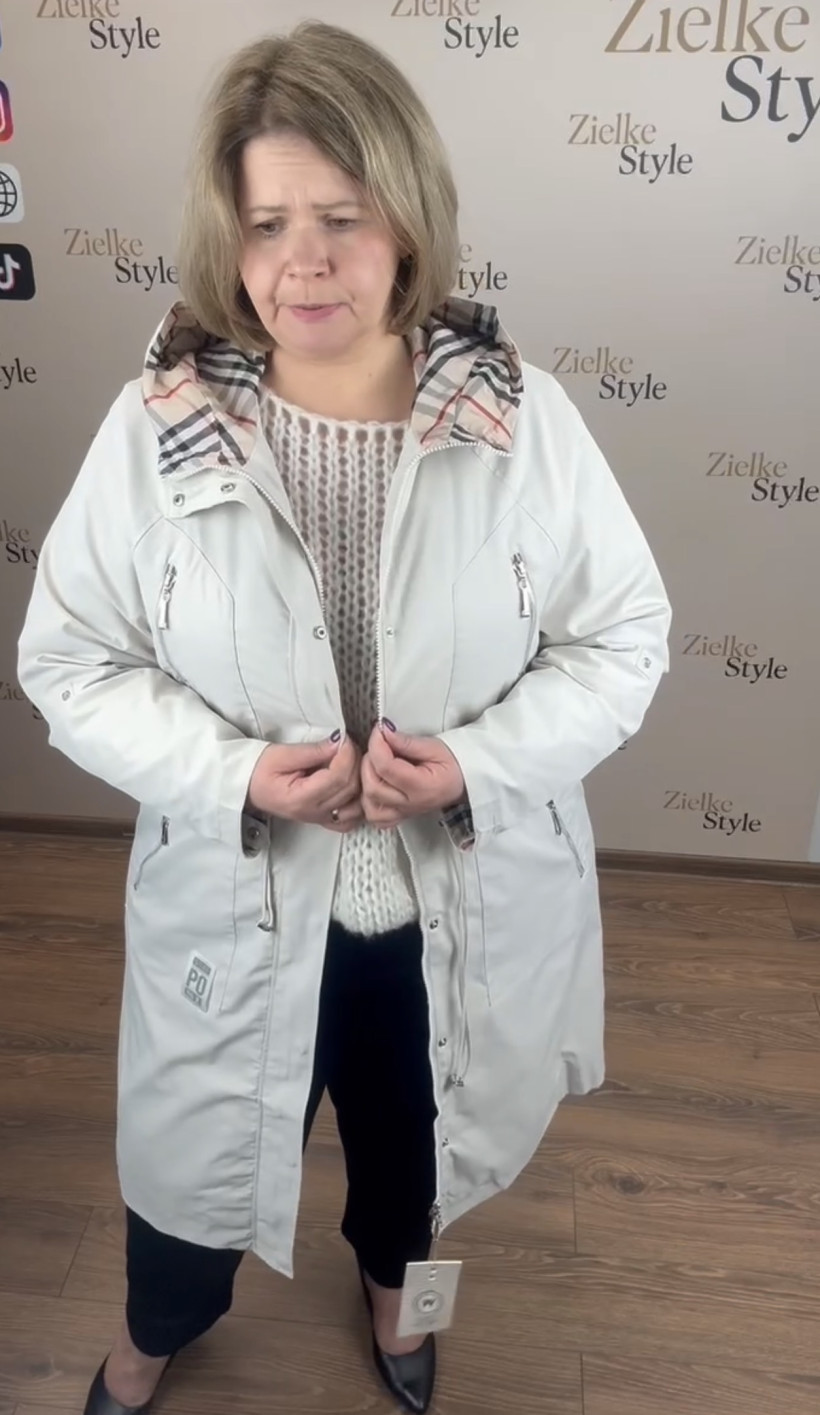 Płaszcz z kapturem wstawka kratka - 56 - 12 - beż