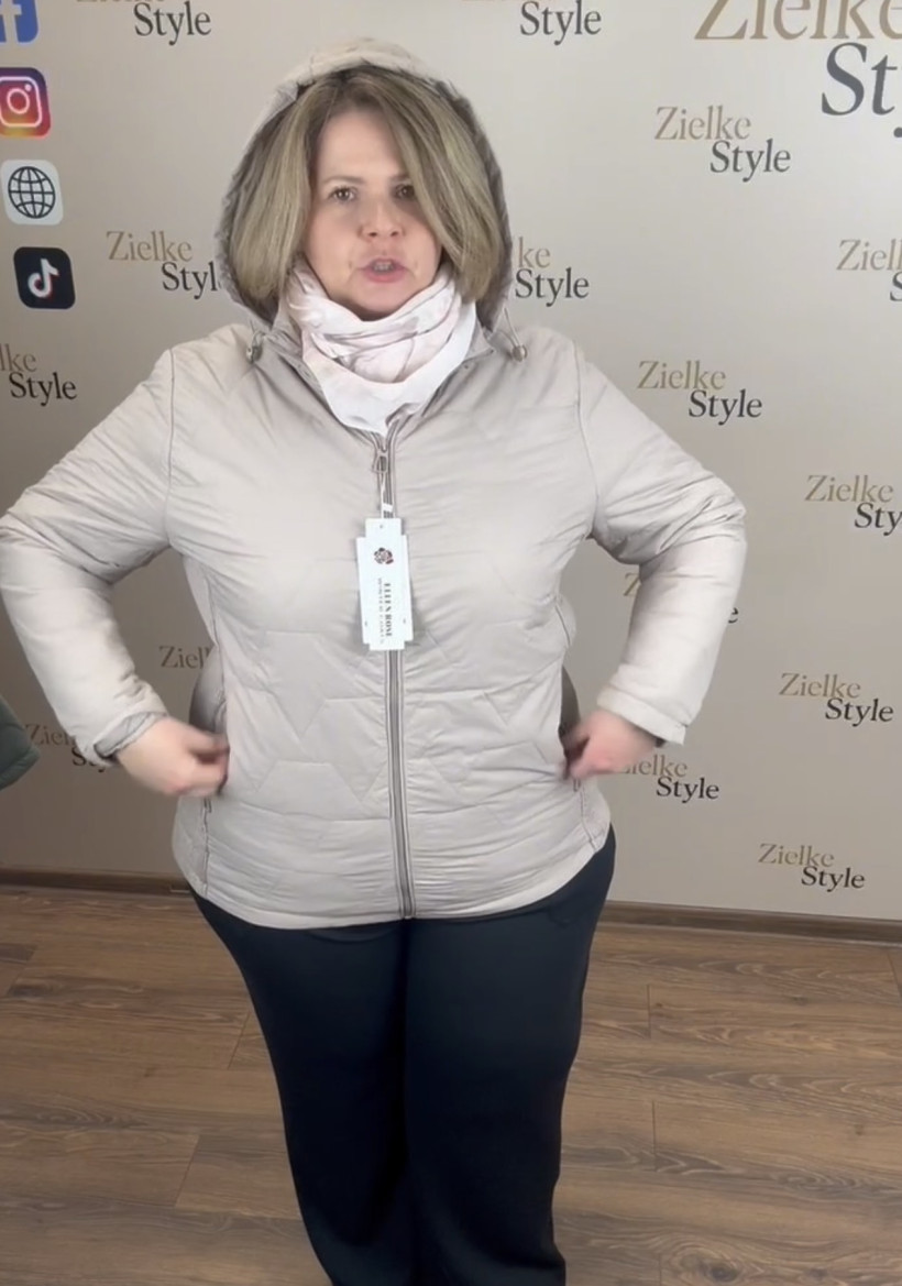 Kurtka z kapturem pikowana ściągacze na bokach - 2xl - 82084 - beż