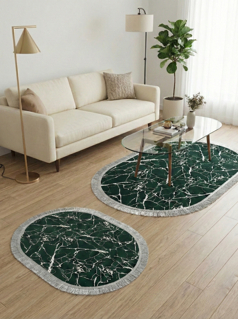 Zestaw dywaników 2-częściowy– zielono-srebrny marmur owal 60x90cm-40x60cm