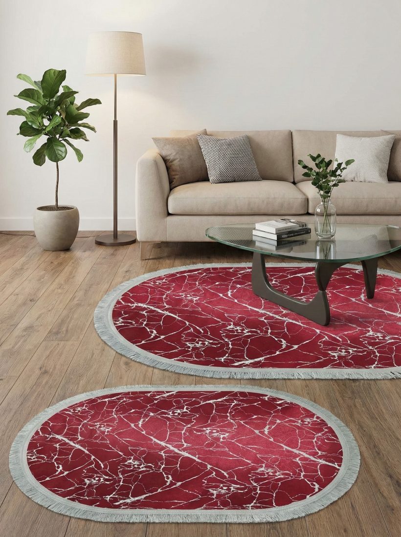 Zestaw dywaników 2-częściowy– czerwono-srebrny marmur owal 60x90cm-40x60cm