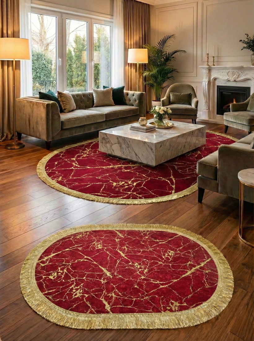 Zestaw dywaników 2-częściowy– czerwono-złoty marmur owal 60x90cm-40x60cm