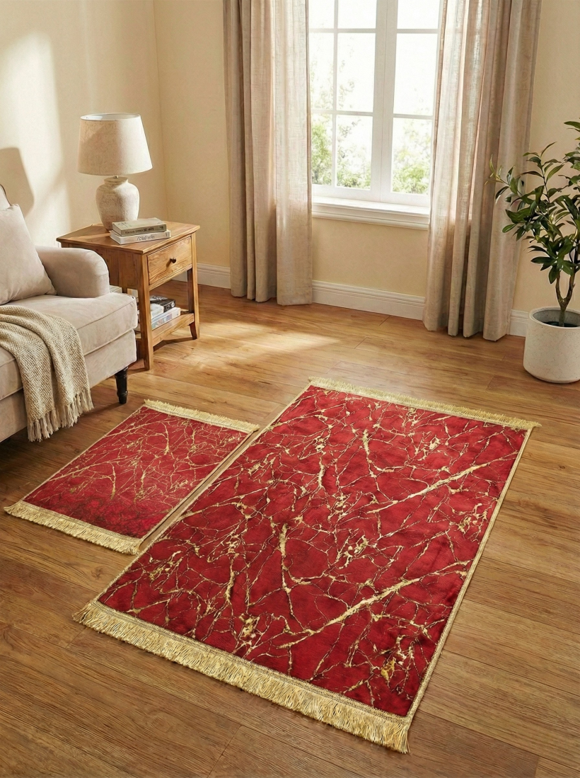 Zestaw dywaników 2-częściowe czerwono-złoty marmur 60x100cm-40x60cm