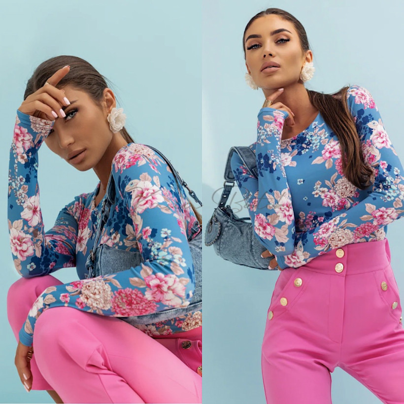 Bluzka Wiskozowa Shira Niebiesko&Beżowe Kwiaty