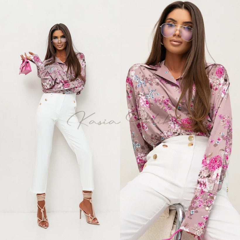 Koszula Satynowa Maddie Fango&Beżowo&Różowe Kwiaty