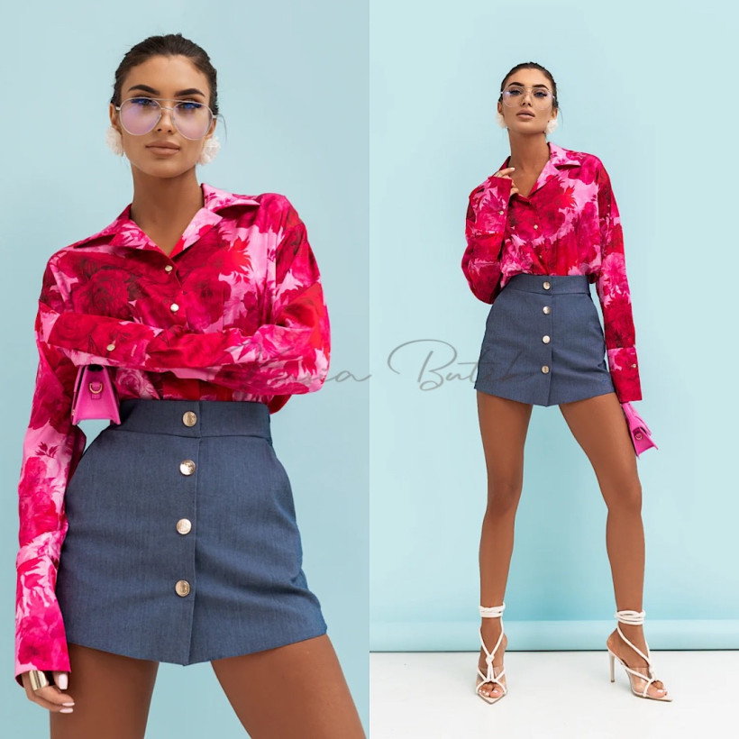 Koszula Satynowa Maddie Różowo&Fuksjowe Kwiaty