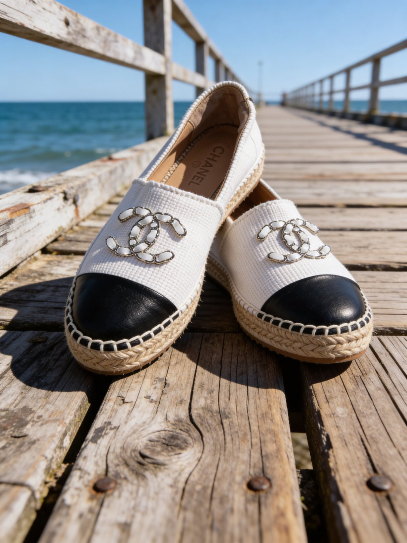 CHANEL Two-Tone Knit Espadrilles, Size 38