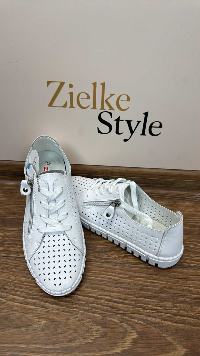 Buty skórzane ażurowe białe, wkładka ortopedyczna zamek na boku - 14435 - 37