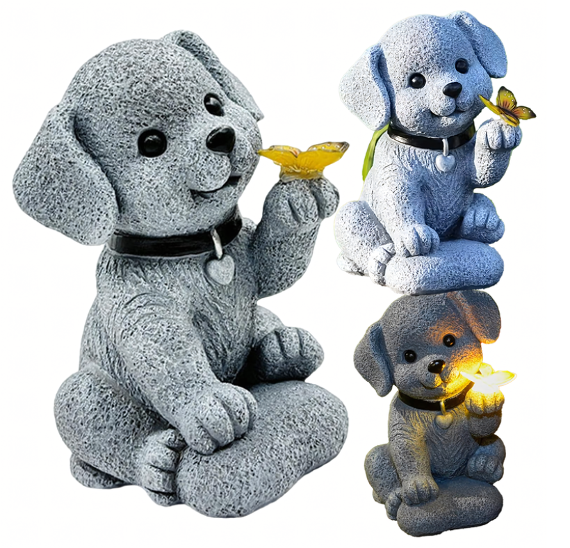 Lampka solarna ogrodowa ozdobna ozdoba pies z motylem led dekoracja