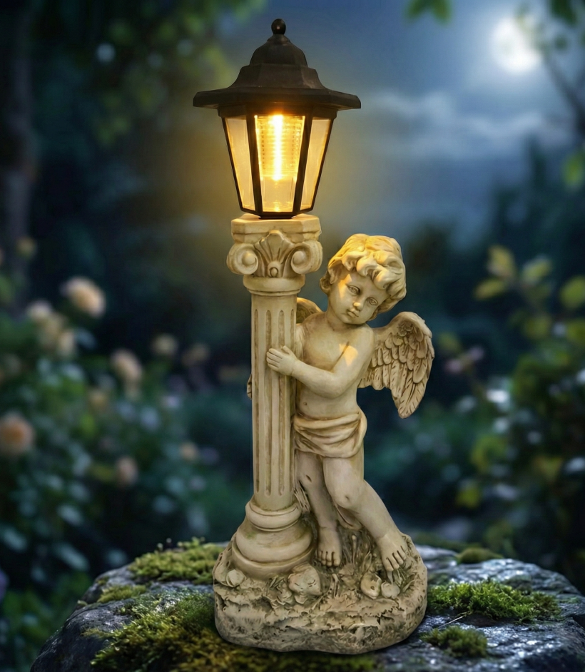 Figurka świecznik dekoracja posążek aniołek solarny led do ogrodu na grób 49cm kolor kamienny