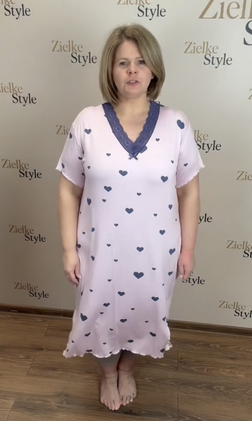 Koszula nocna w serek z koronką , serduszka - 4xl - 5026 - pudrowy z granatem