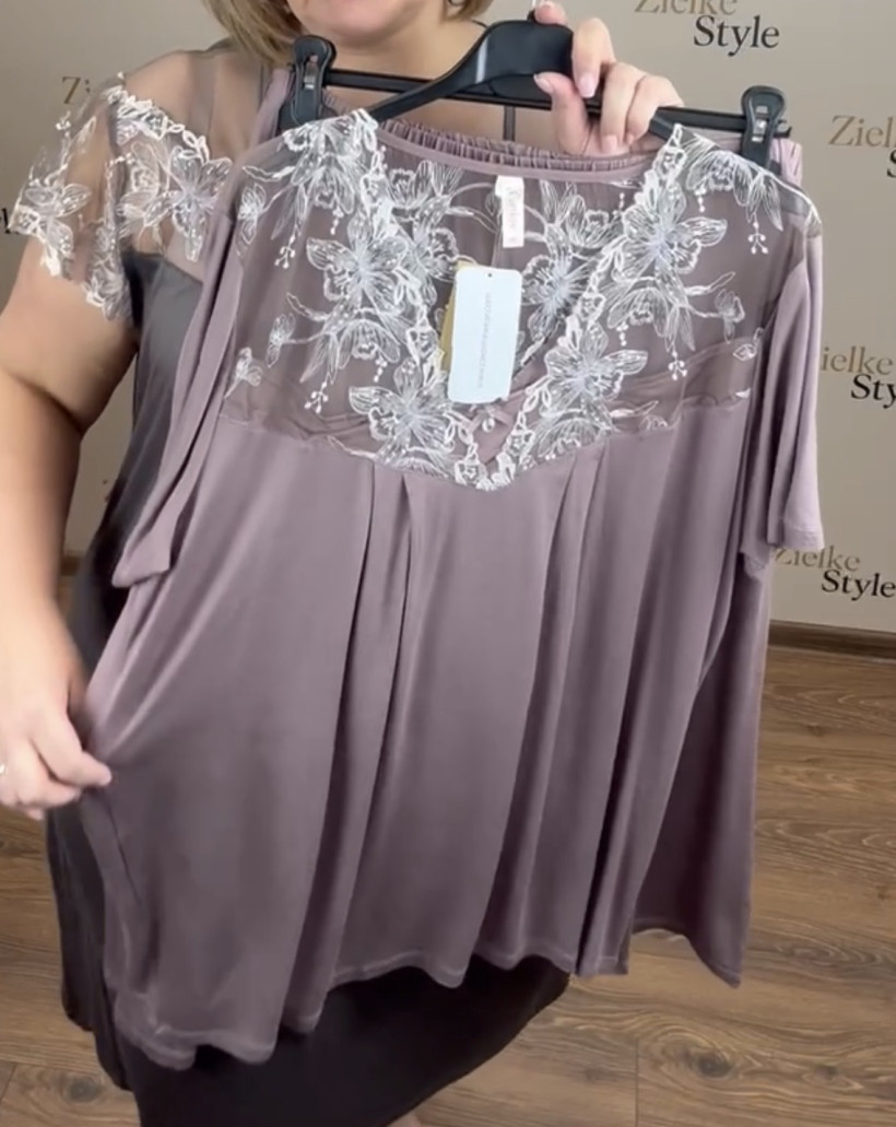 Piżama gładka z permanentną góra z gipiurą - 5xl - 98356 - fango/czekolada