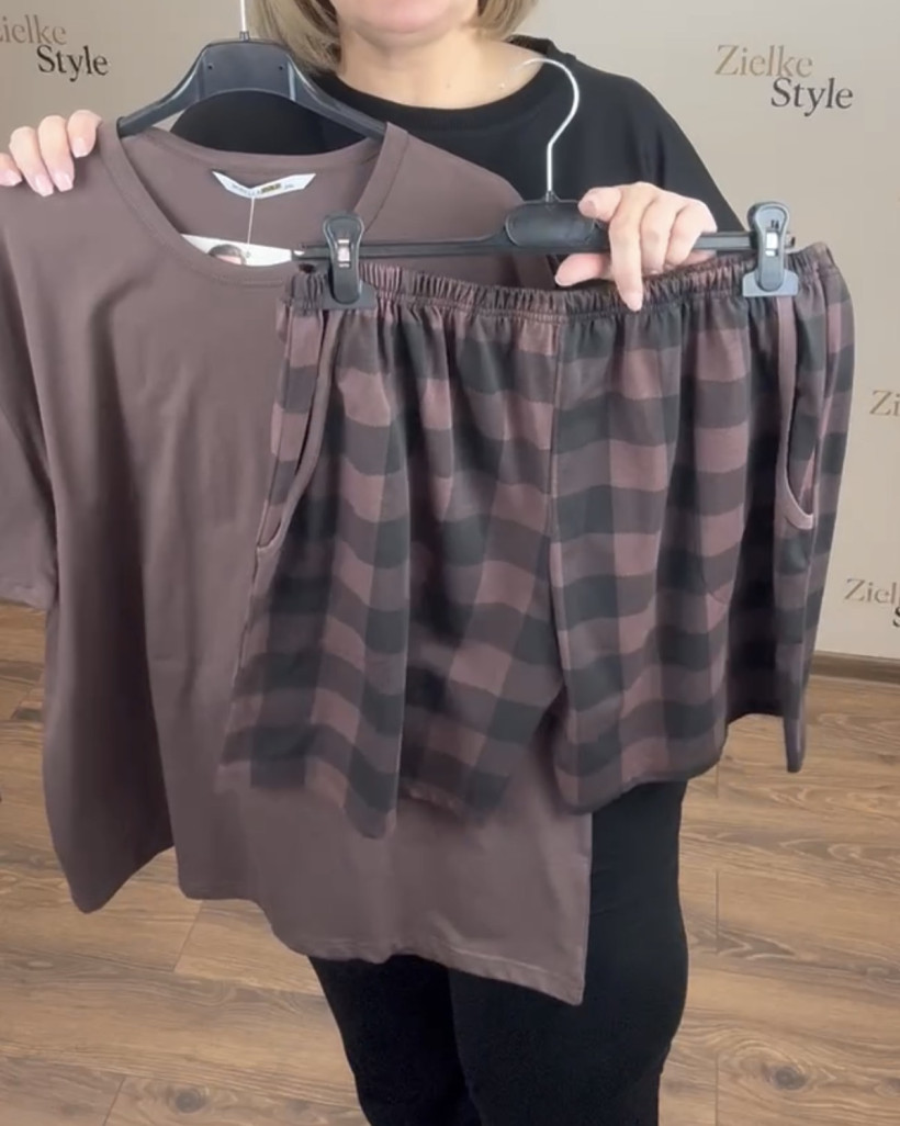 Piżama męska góra gładka + spodenki w kratę - 5xl - 9001 - czekolada