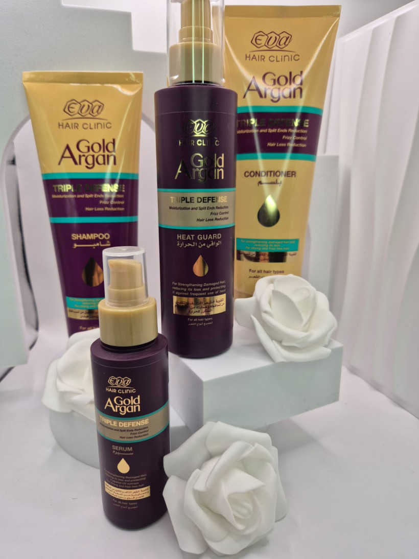 Zestaw nr 1 do włosów Gold Argan od Eva Cosmetics - spray ochronny GRATIS