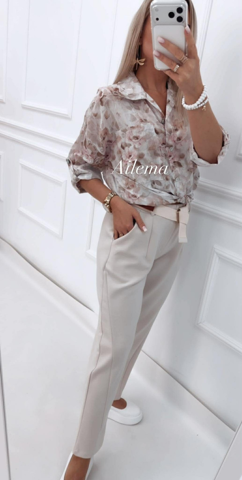 Spodnie masełko prosta nogawka z przeszyciem z paskiem SP49