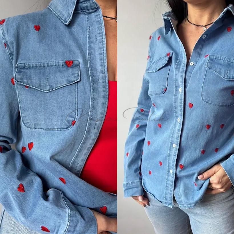 Koszula Bawełniana Jeansowa Czerwone Serduszka