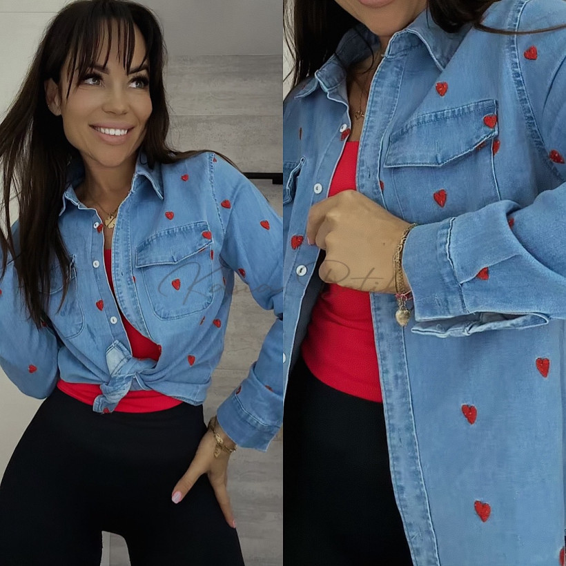 Koszula Bawełniana Jeansowa Czerwone Serduszka