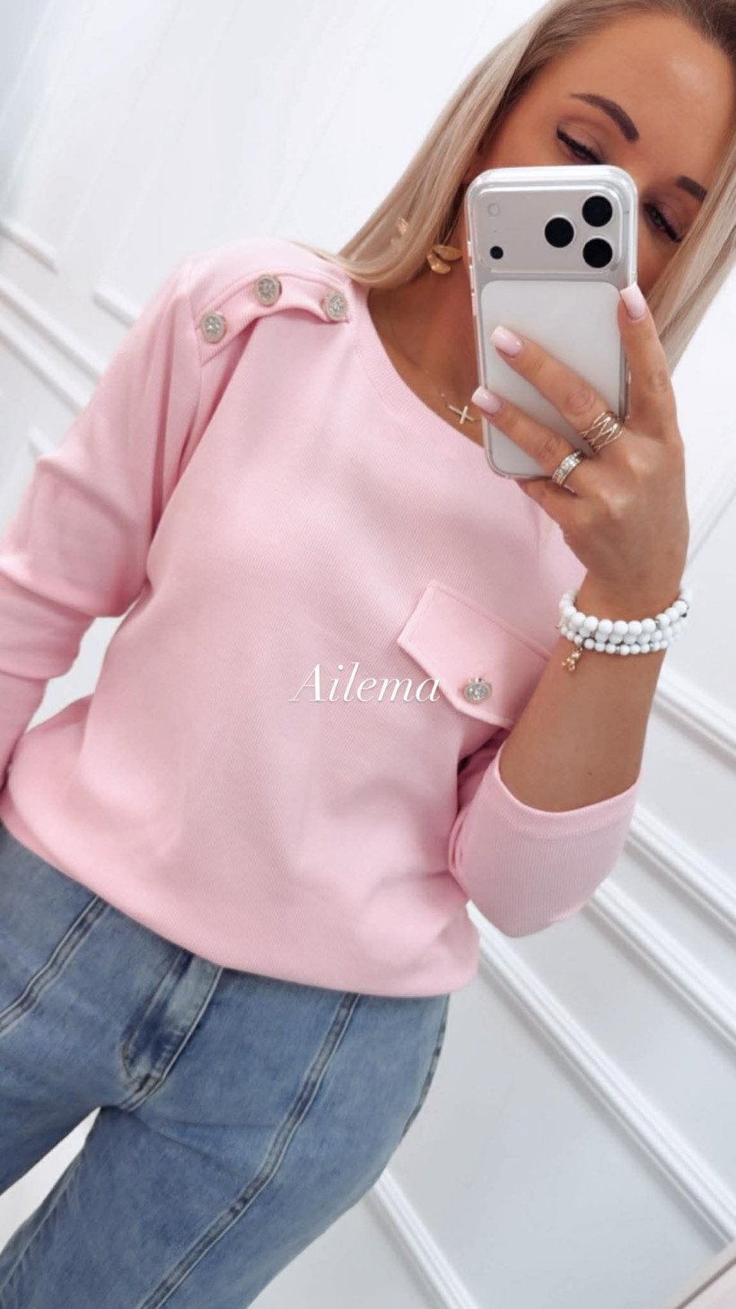 Bluzka Megi prążek B1324 imitacja kieszonki guziki przy dekolcie