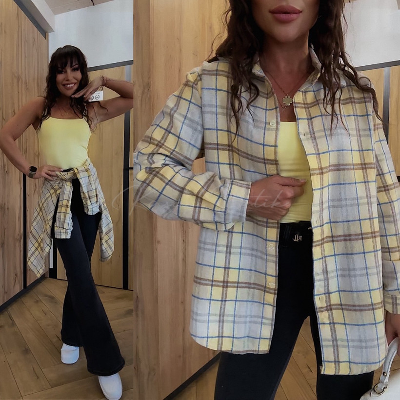 Koszula Bawełniana Grid Krata Pastelowa Żółta