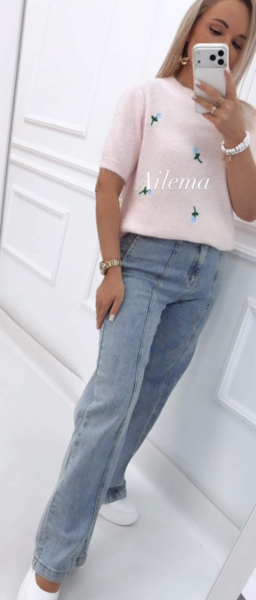 Jeansy M.Sara przeszycie BQ3366 z paskie, szeroka nogawka 