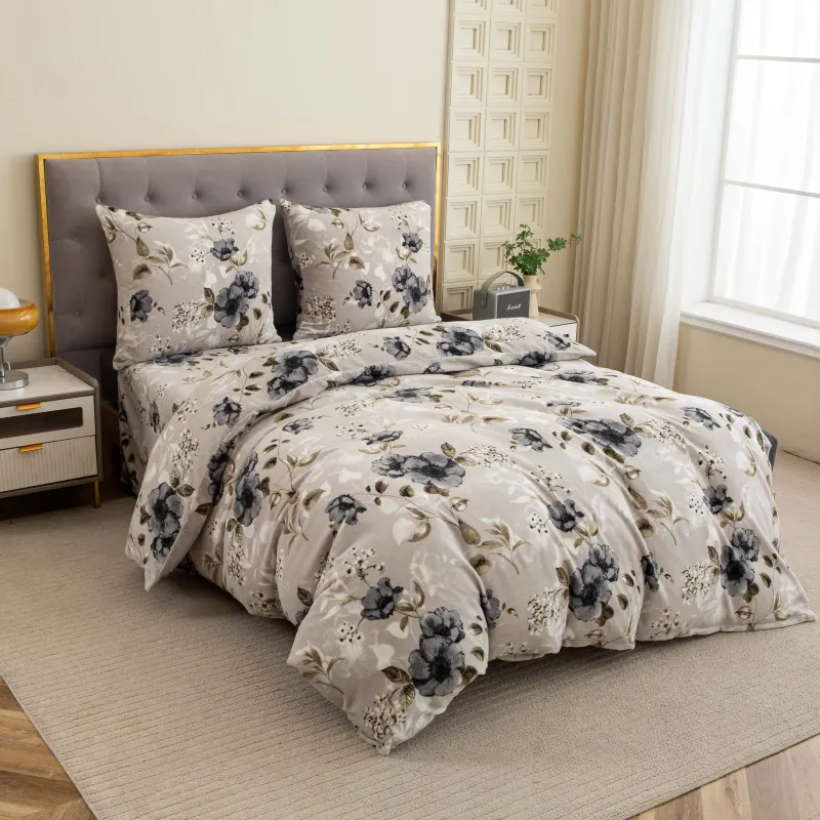 Pościel polarowa 4 częściowa 200x220 szara w kwiaty  SHY-3192