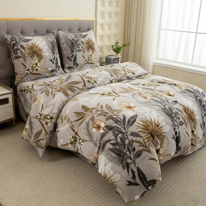 Pościel polarowa 4 częściowa 200x220 szara w brązowe kwiaty  SHY-3194