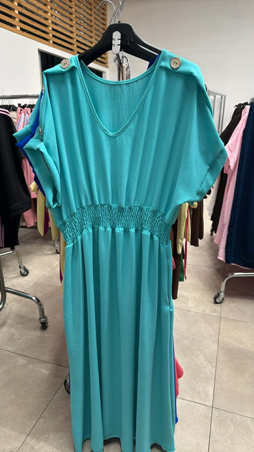 Italia nr.9 - Sukienka jednokolorowa maxi - ozdobne guziki - turkus