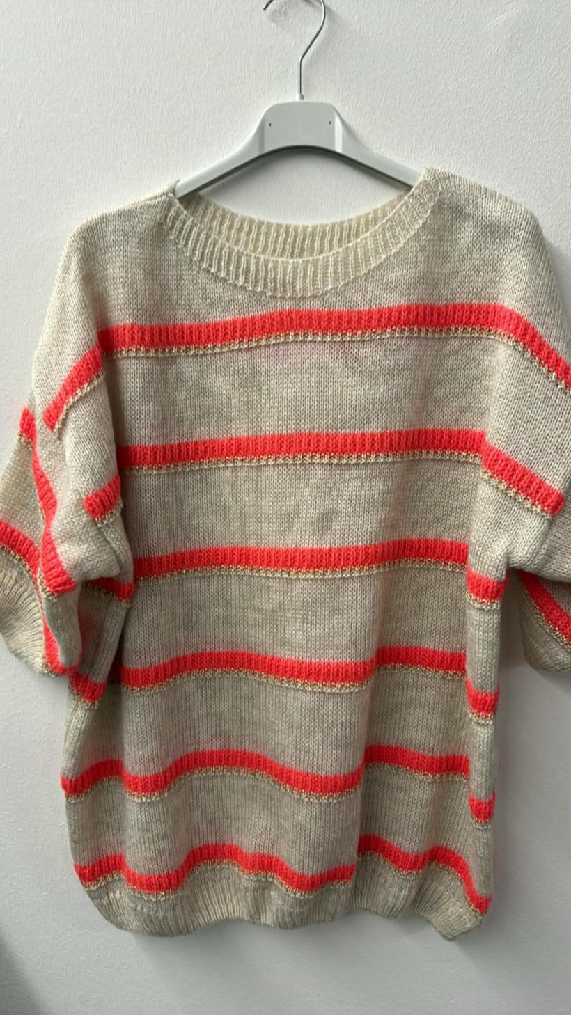 Italia nr.9 - Sweter w pasy ze złotą nitką - 8126 - beżowy