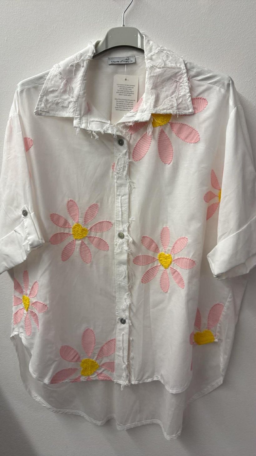 Italia nr.9 - Koszula biała  - wzór różowo- żółte kwiaty - 07980 