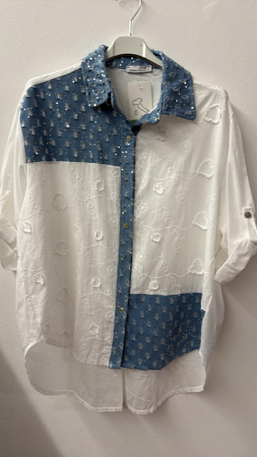 Italia nr.9 - Koszula biała haftowana - wstawki z jeansu - 07726 -