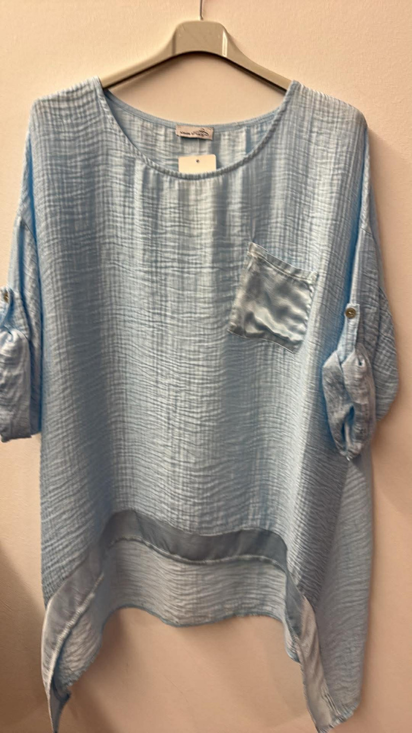 Italia nr.9 - Tunika jednokolorowa z rogami i atłasowym wykończeniem - kieszonka - 07867 - niebieski