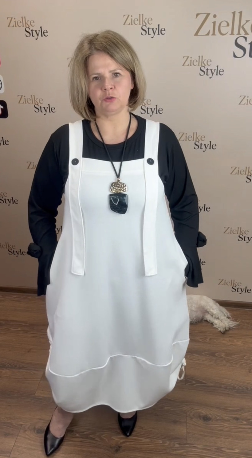 Italia nr.9  - Sukienka jednokolorowa na szelkach - 25283 - śmietankowy