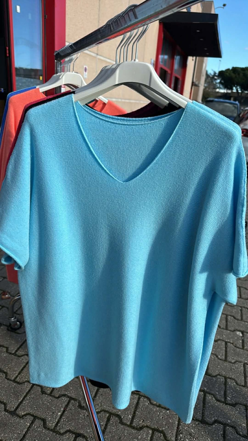 Italia nr.9 - Sweter jednokolorowy - krótki rękaw - 14751 - lazur