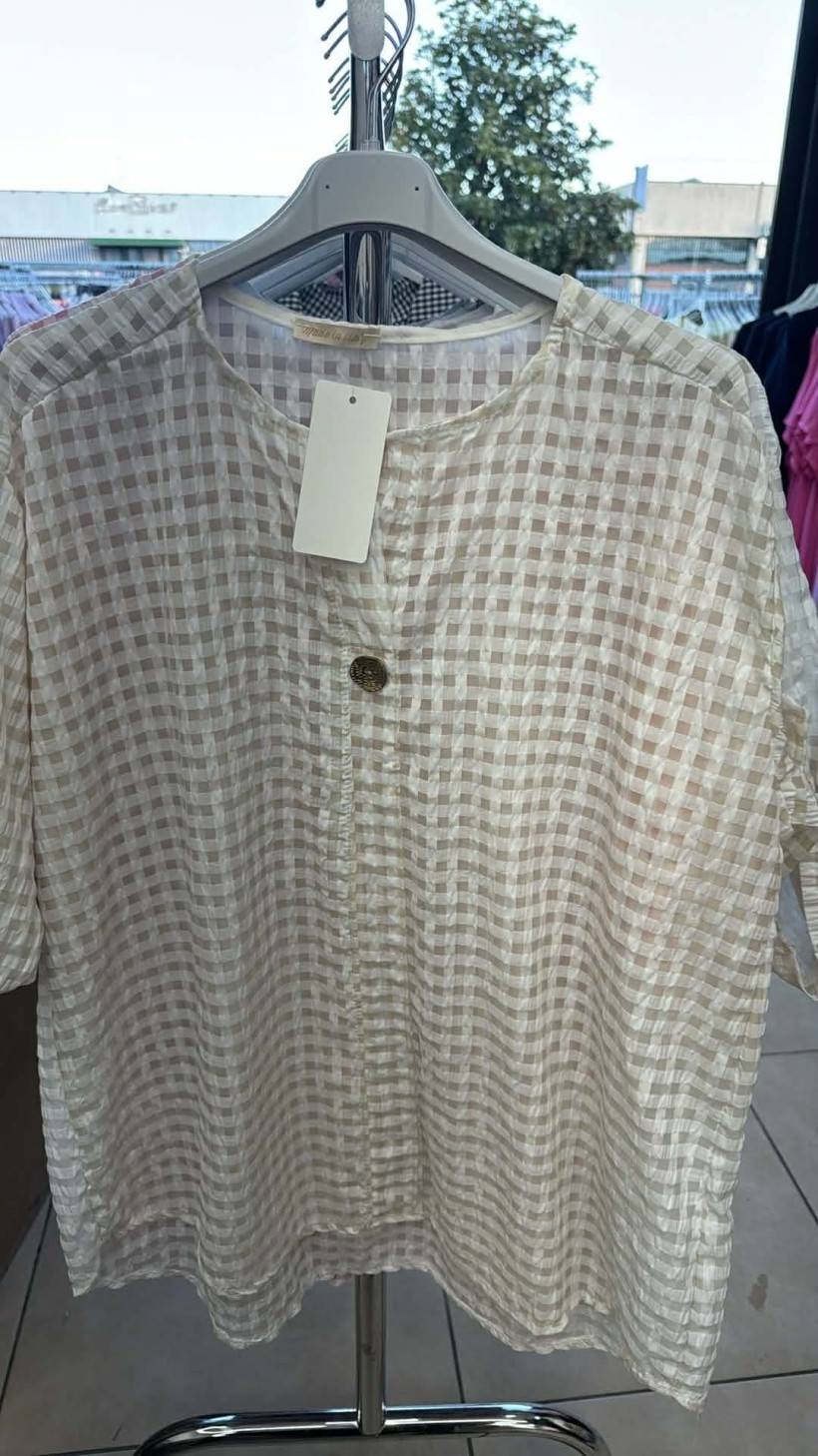 Italia nr.9 - Bluzka z guzikiem - wzór krata - 25147 - beżowy