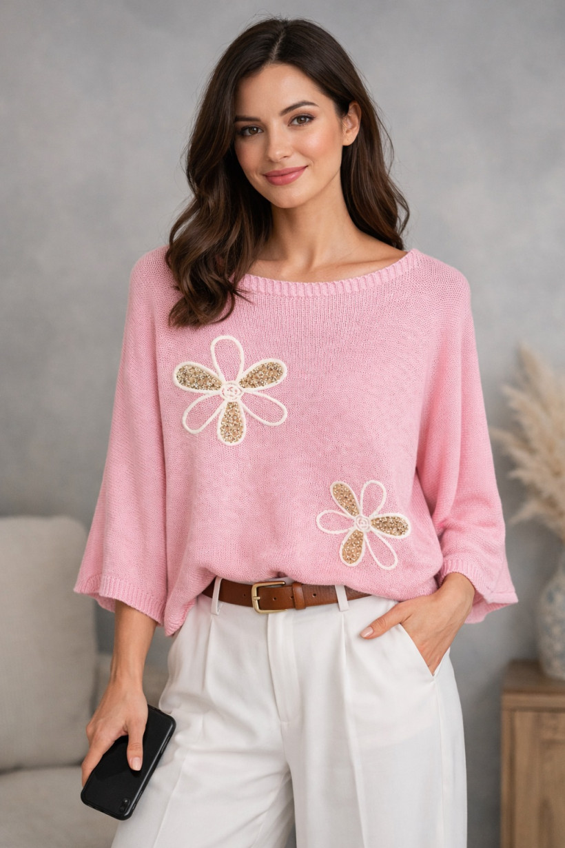 Sweter w kwiaty różowy