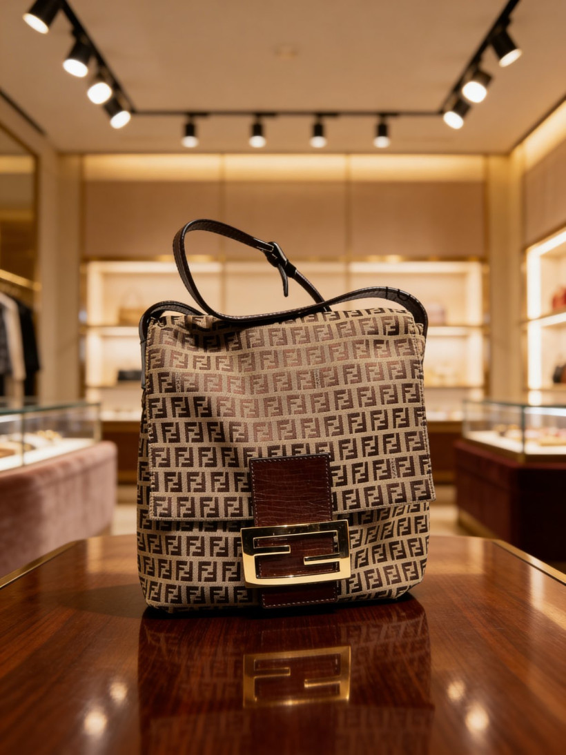 FENDI Zucchino Canvas and Leather Shoulder Bag