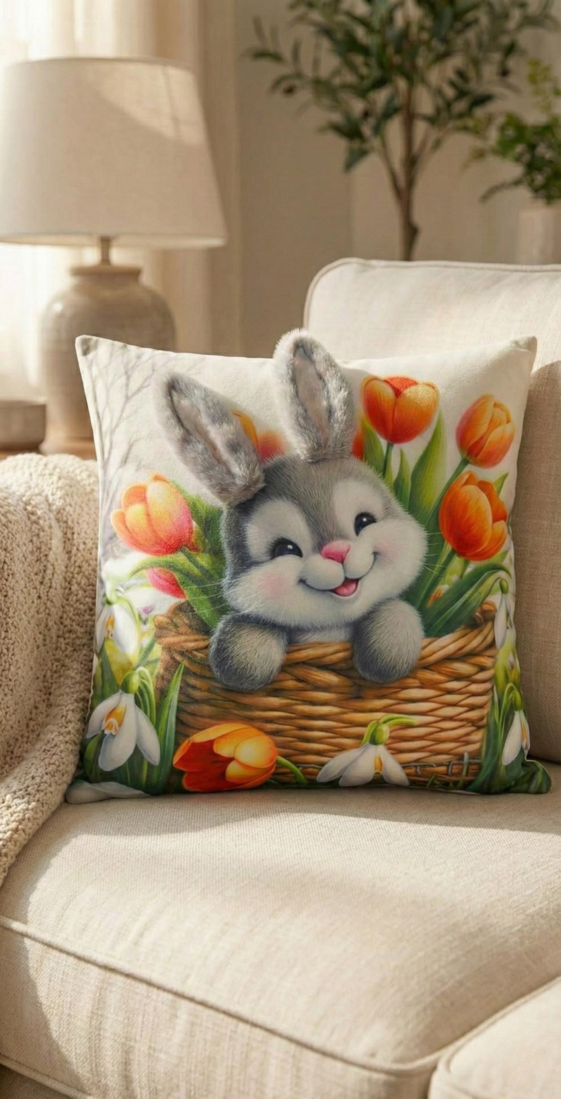 Wielkanocna poszewka z uszami 3D-króliczek w tulipanach