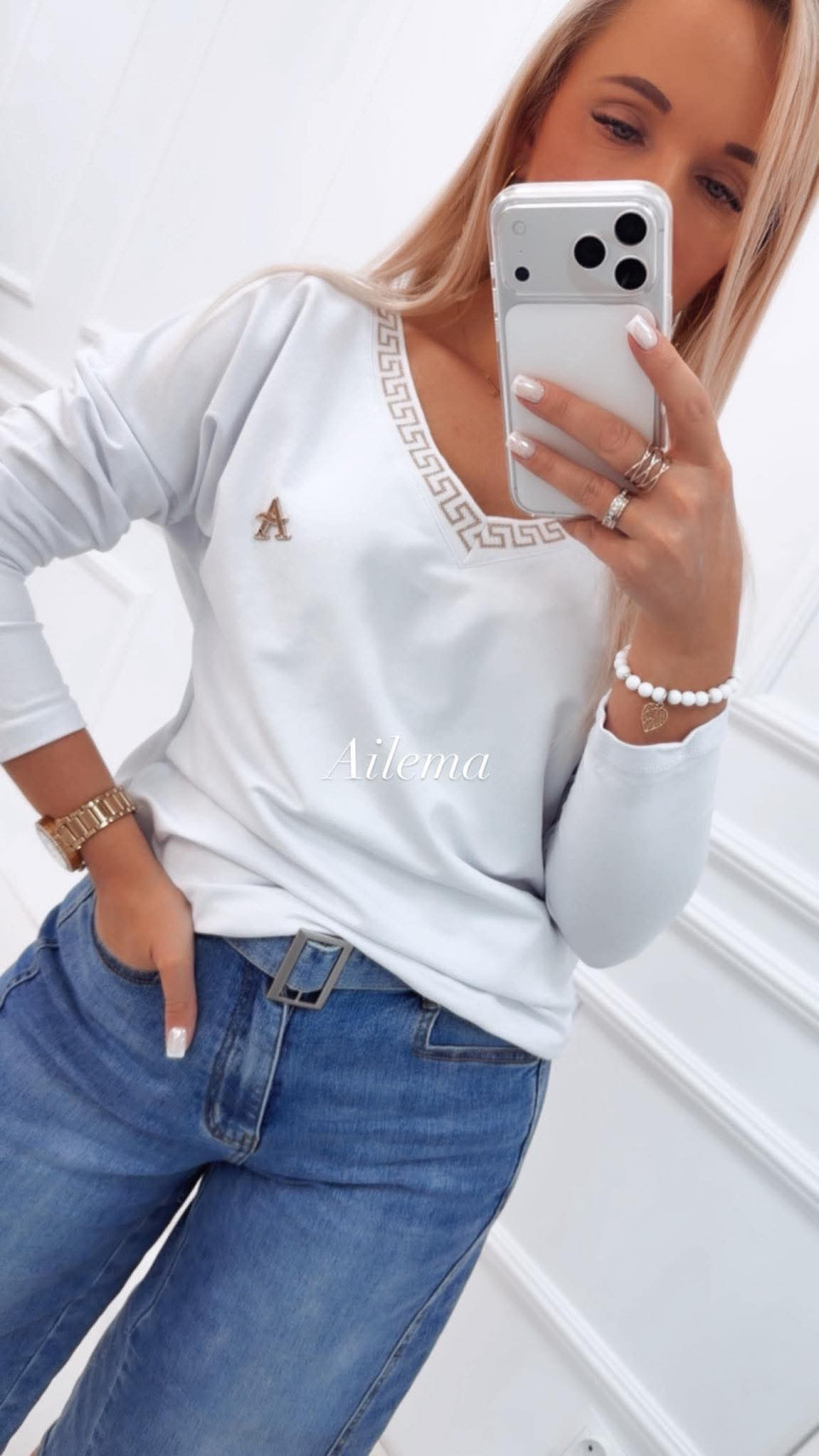 Bluza Awsarre dekolt V grecki wzór 4349 broszka