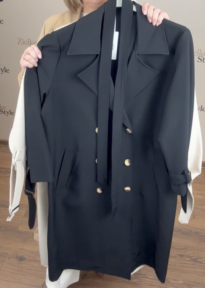 Italia nr 9 - Płaszcz trencz dwurzędowy, guziki, bez podszewki, jednokolorowy - 3956 - czarny