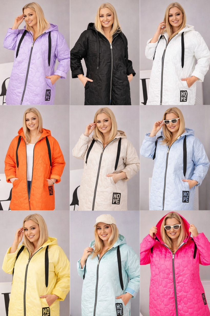 Kurtka damska Plus Size pikowana z kapturem i napisem HOPE 