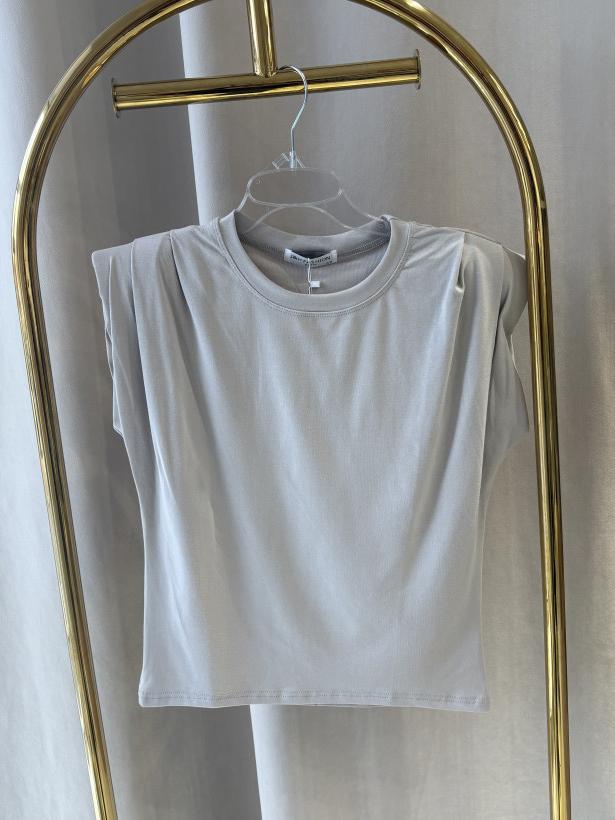 J&H BLUZKA KRÓTKI RĘKAW PODUCHY ZIMNY BEŻ