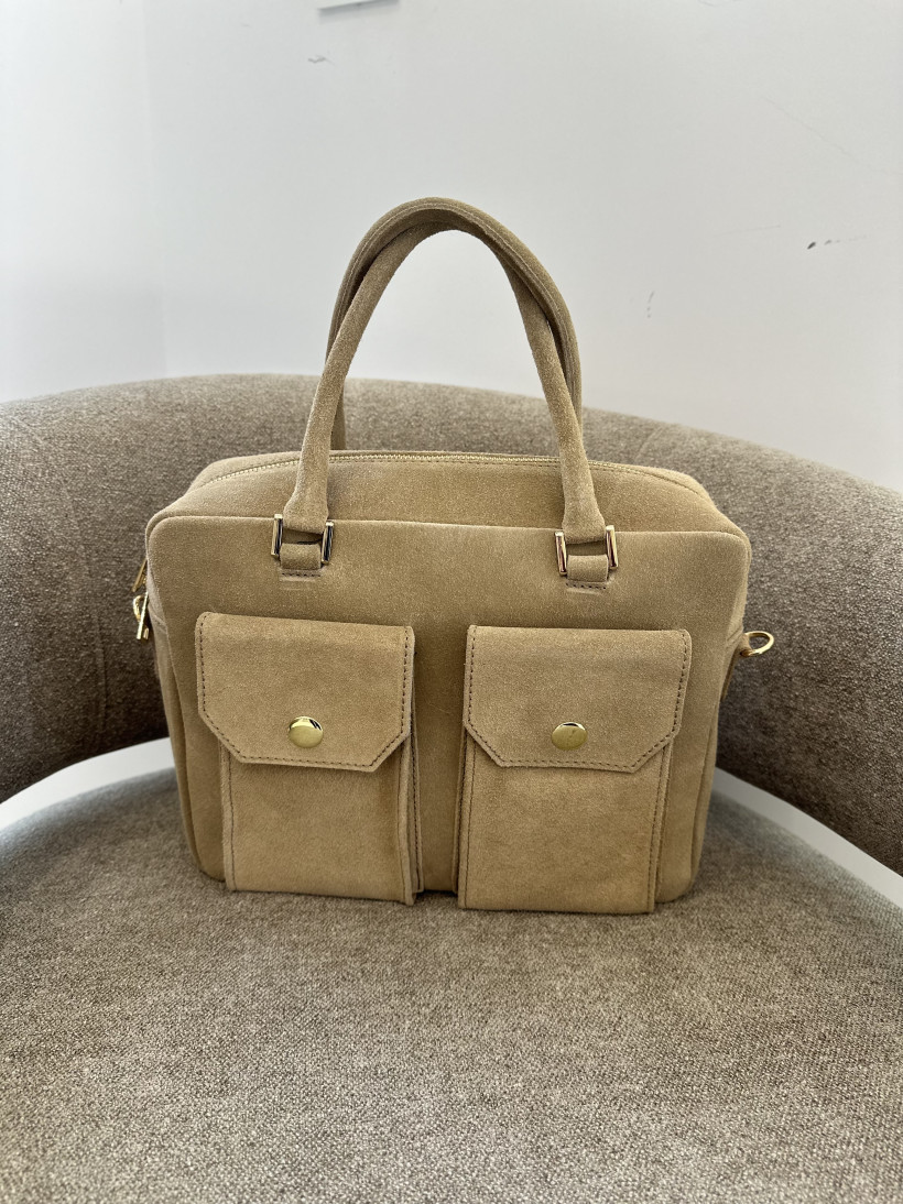 TOREBKA SAFARI CIEPŁY BEŻ KIESZONKI ZAMSZ