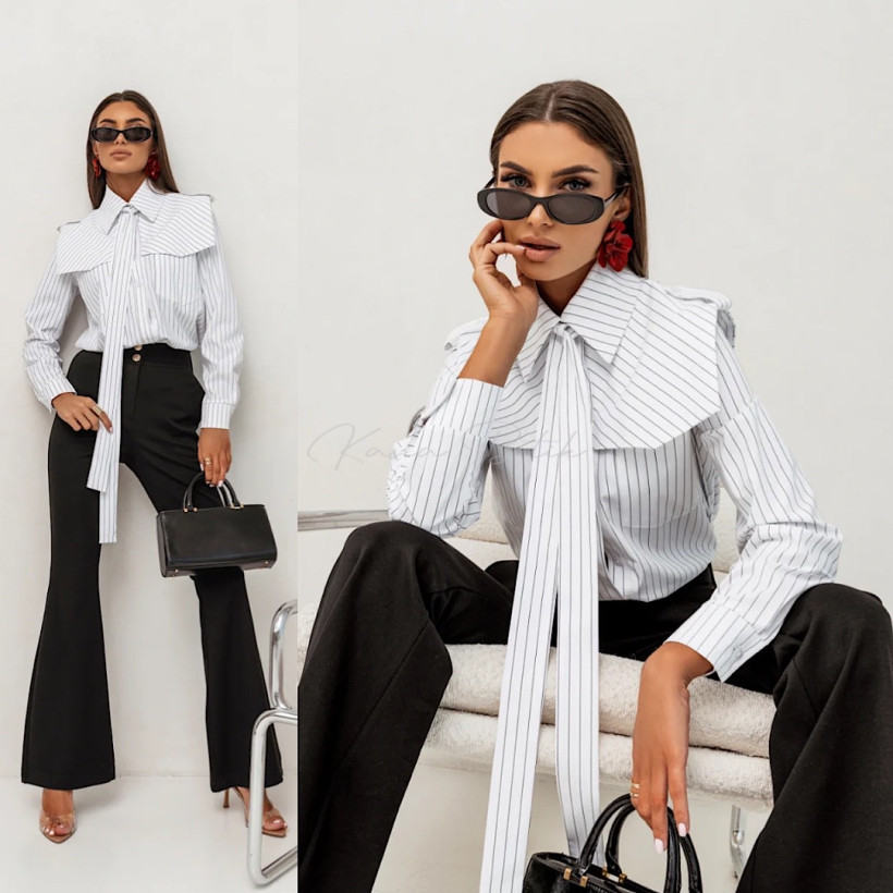 Koszula Bawełniana Milo z Krawatem Biała w Czarne Paski