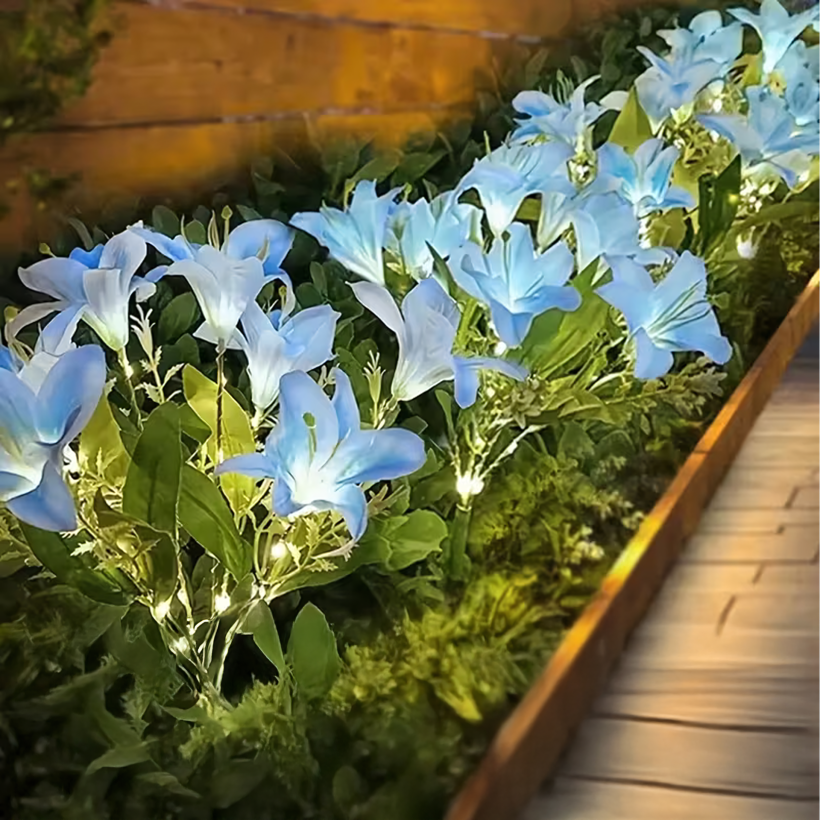 Lampa solarna ogrodowa wbijana kwiat lilii niebieska ozdoba LED