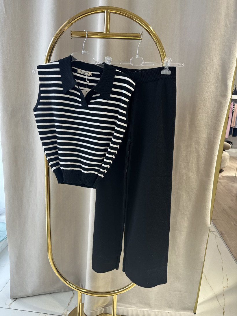 J&H KOMPLET DZIANINOWY PASKI CZARNO BIAŁY