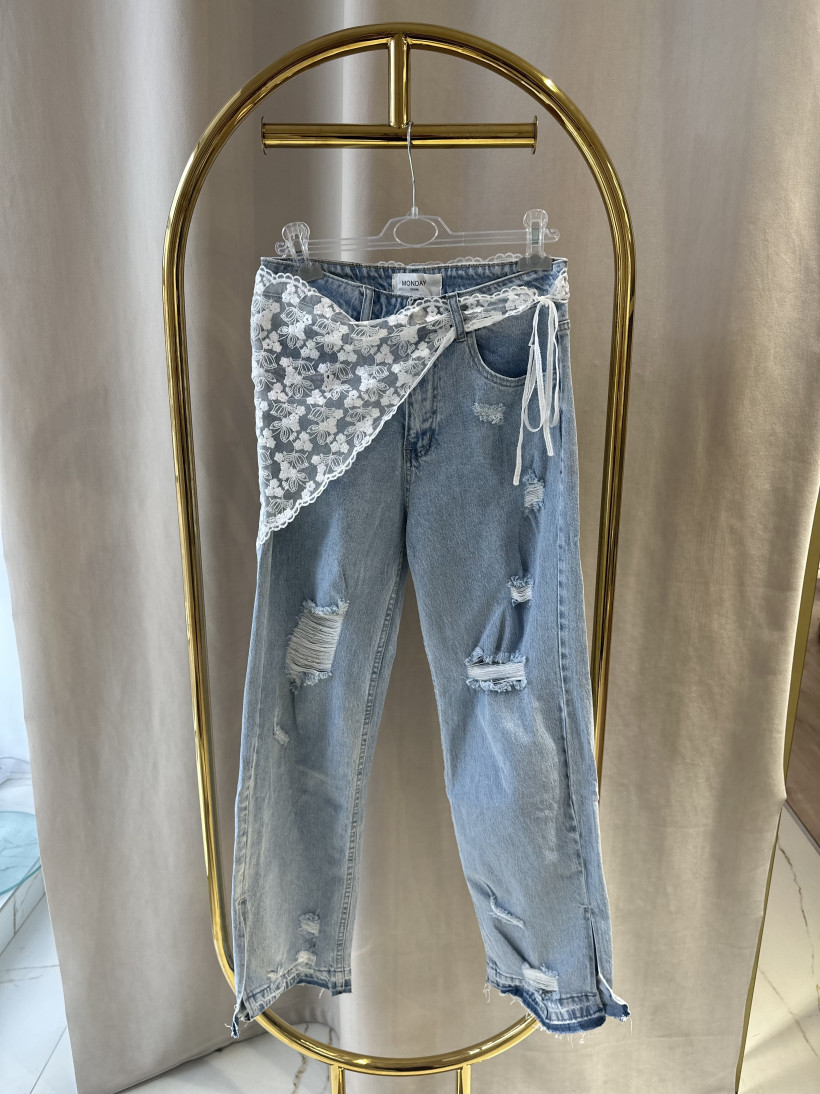 MONDAY SPODNIE JASNY JEANS SZARPANIA KORONKA