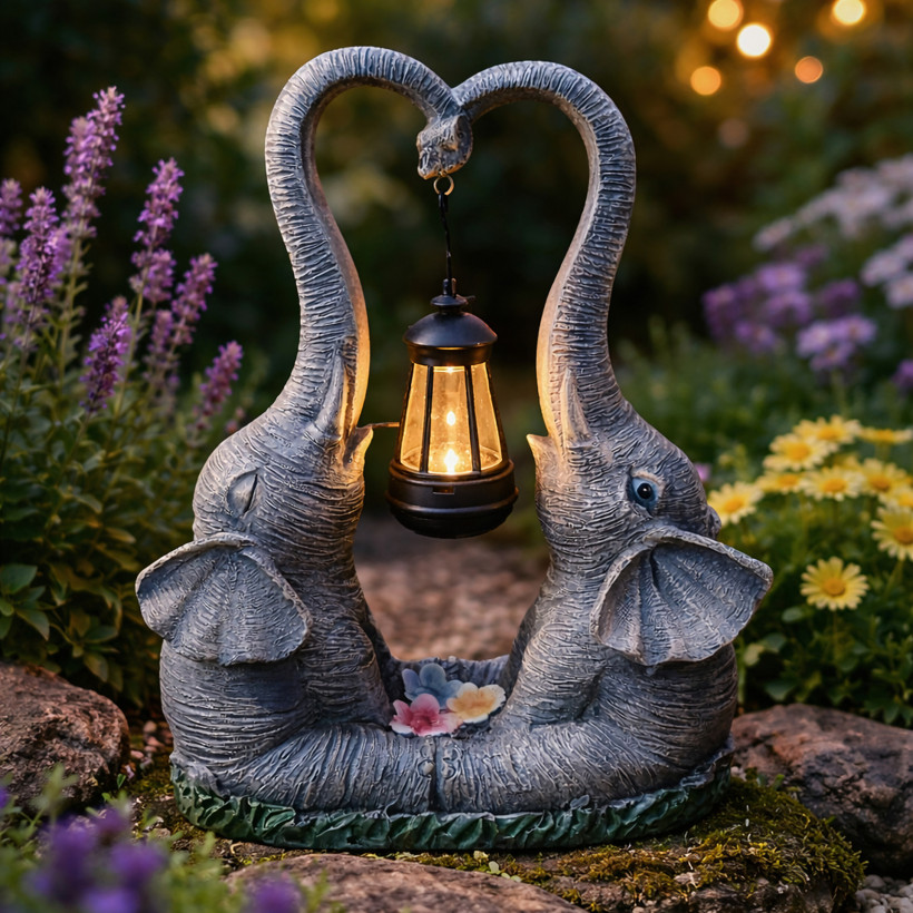 Figurka lampa ozdobna ogrodowa solarna led słoń z lampionem