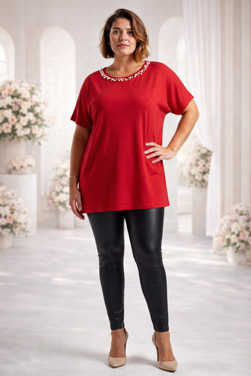 Bluzka Bawełniana Big Size Perełki czerwony