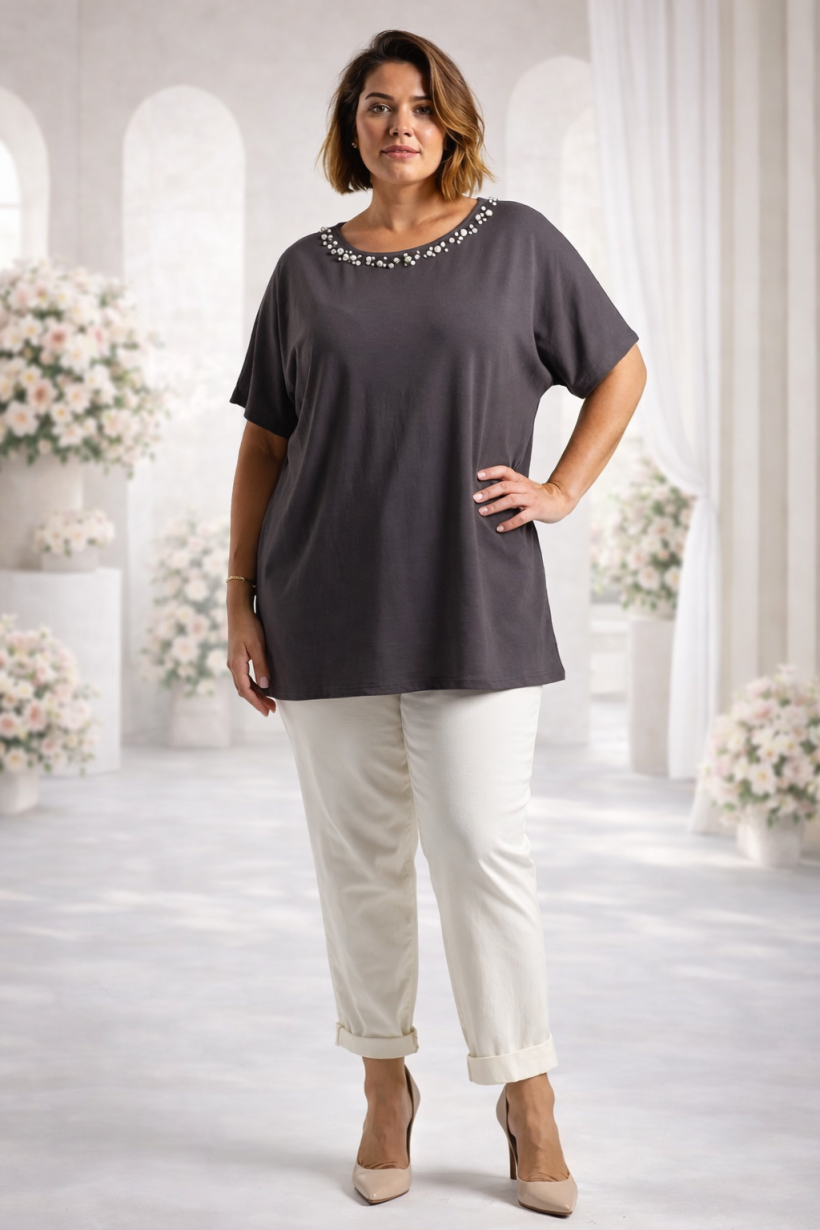 Bluzka Bawełniana Big Size Perełki brązowy